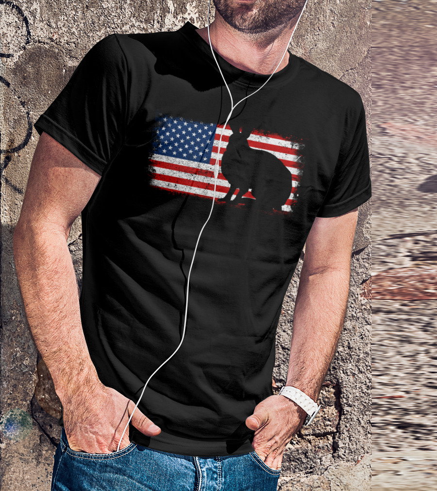 Arctic Hare Silhouette On American Flag Background T-Shirt
