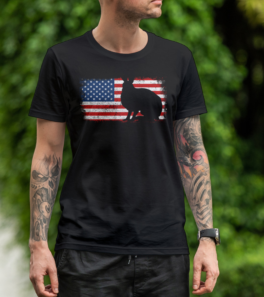 Arctic Hare Silhouette On American Flag Background T-Shirt