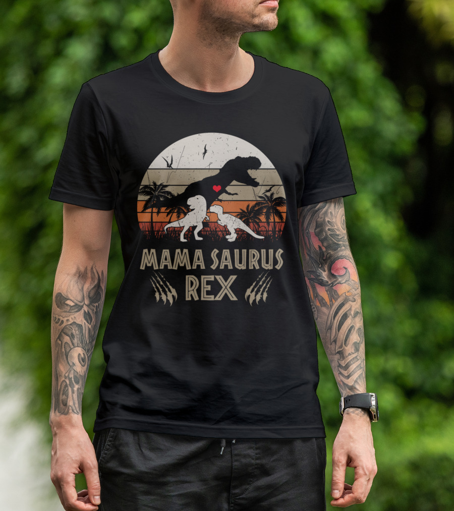 Mama Saurus Rex Dinosaur Silhouette With Heart And Palm Trees T-Shirt