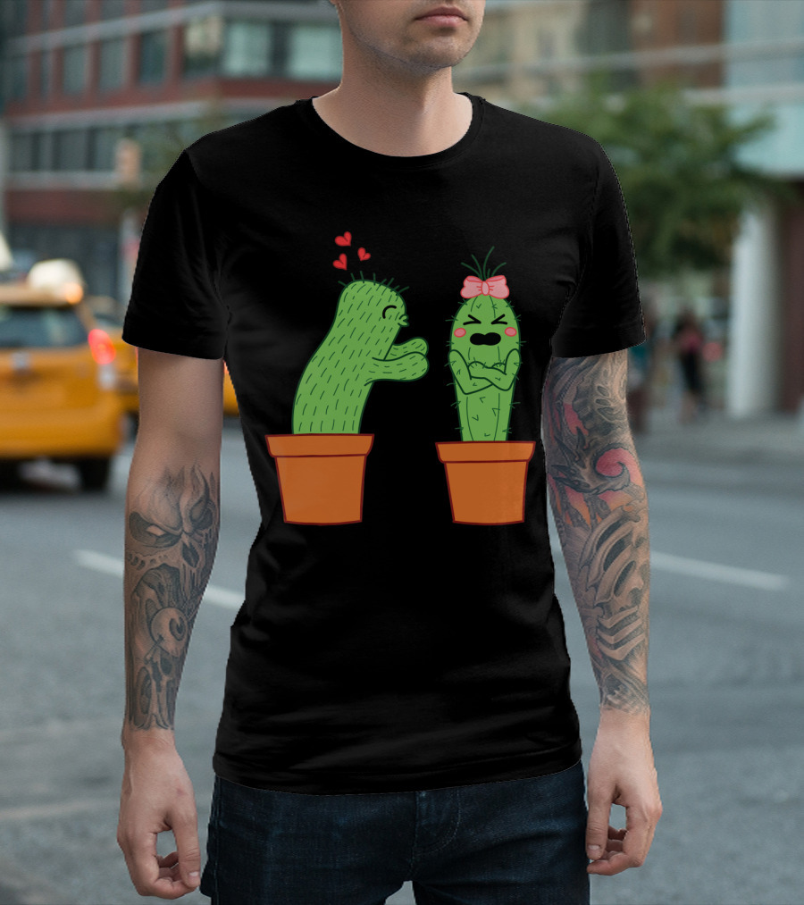 Funny Cactus Succulent Lovers Cartoon Cacti Romantic Gesture With Hearts And Bow T-Shirt