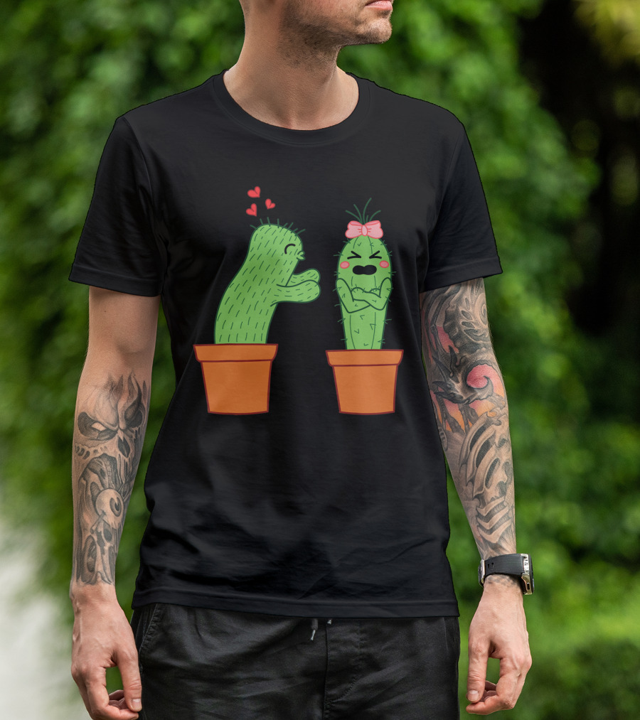 Funny Cactus Succulent Lovers Cartoon Cacti Romantic Gesture With Hearts And Bow T-Shirt