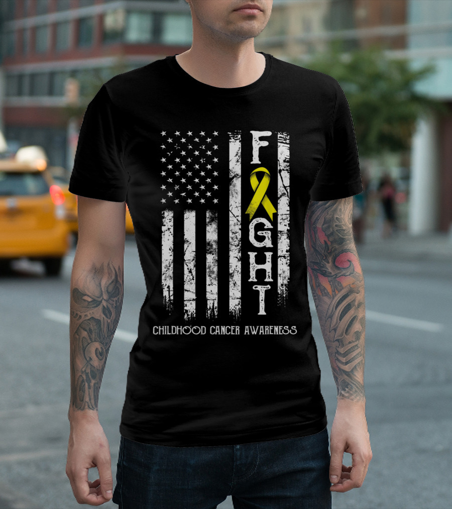 Fight Childhood Cancer Awareness US Flag Yellow T-Shirt