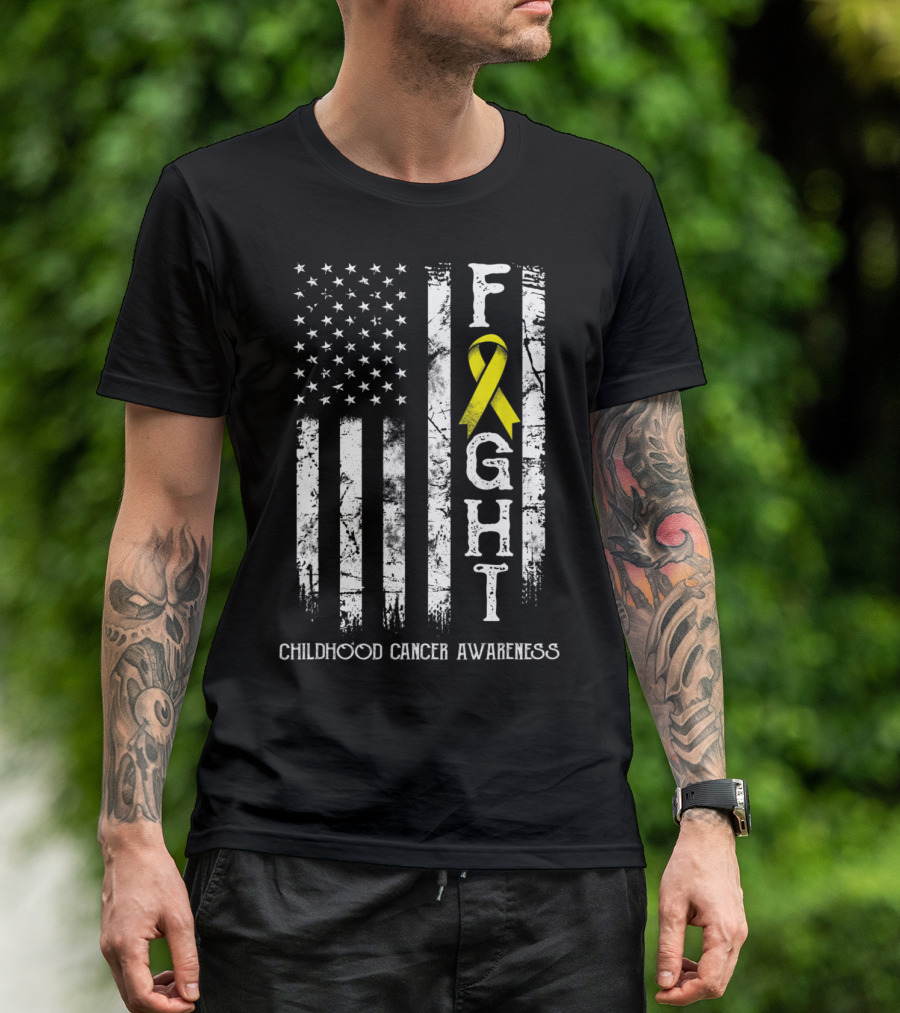 Fight Childhood Cancer Awareness US Flag Yellow T-Shirt