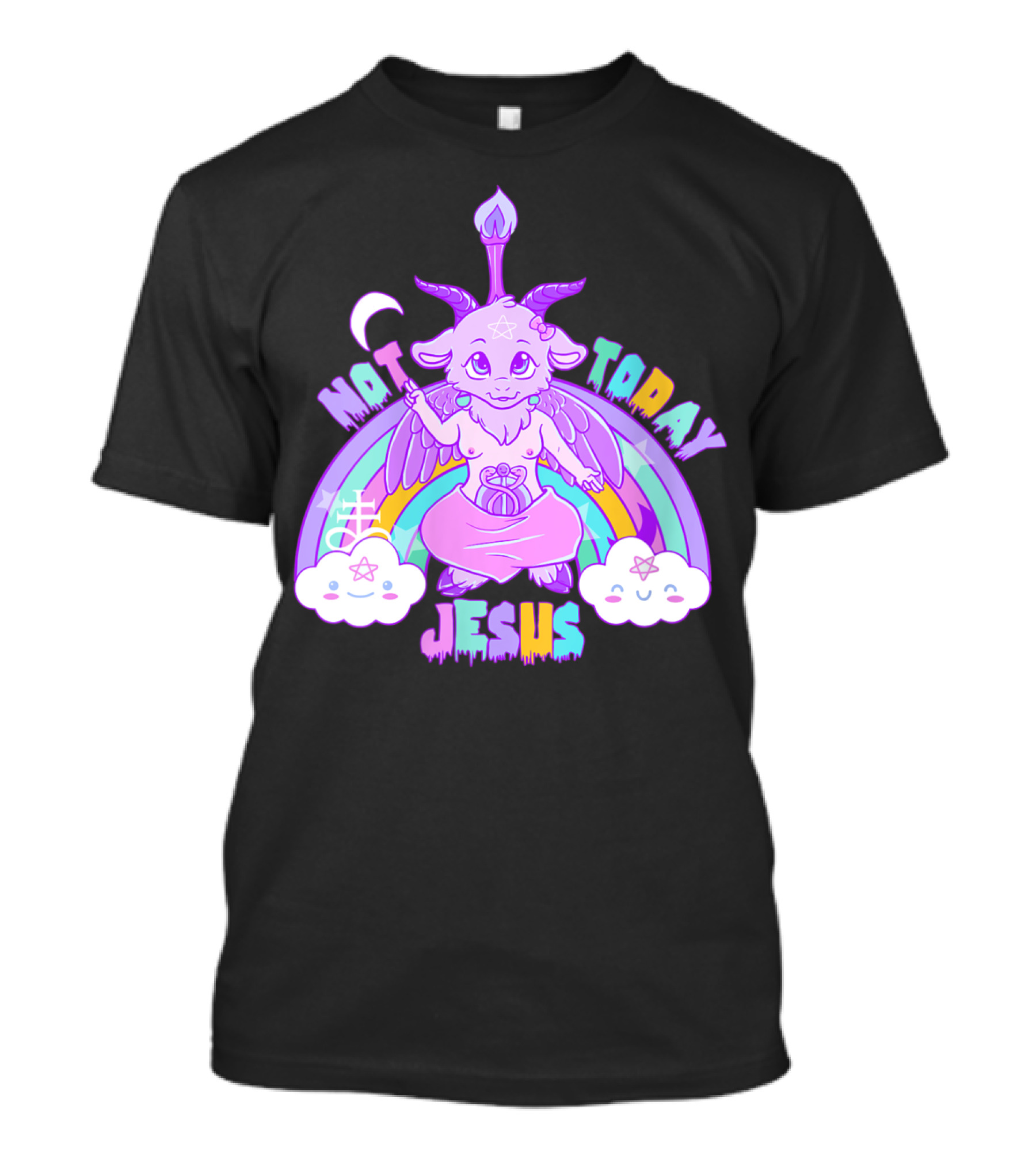 Not Today Baphomet Jesus Kawaii Cute Pastel Rainbow Clouds T-Shirt