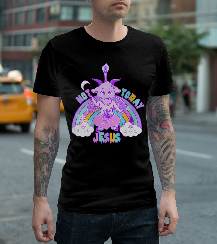 Not Today Baphomet Jesus Kawaii Cute Pastel Rainbow Clouds T-Shirt