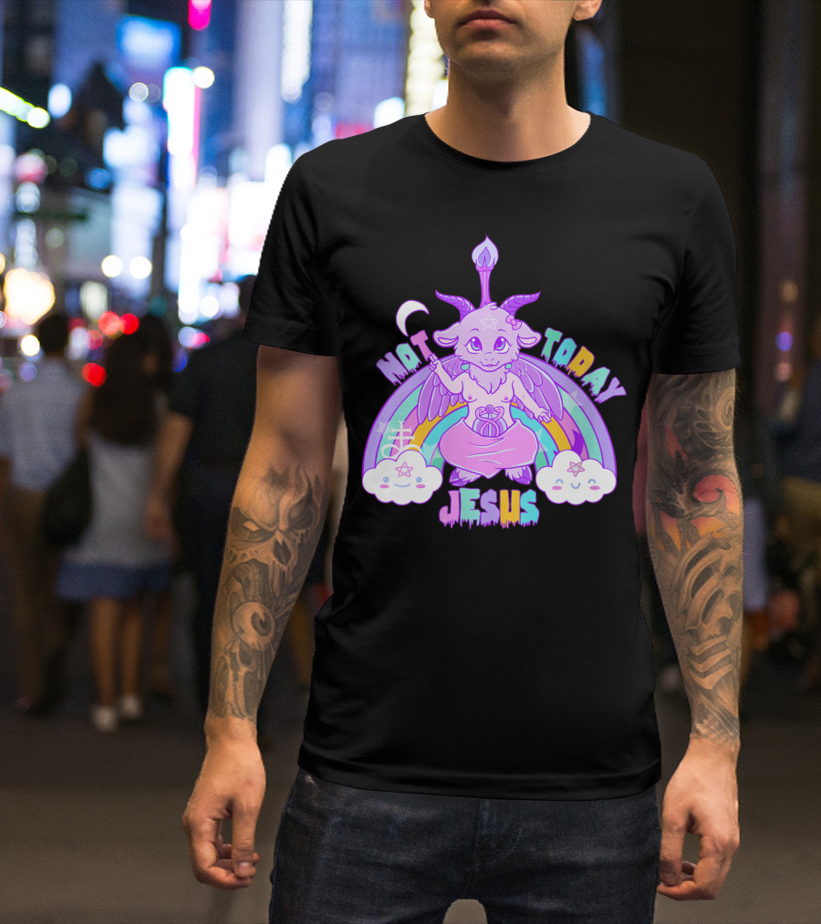 Not Today Baphomet Jesus Kawaii Cute Pastel Rainbow Clouds T-Shirt