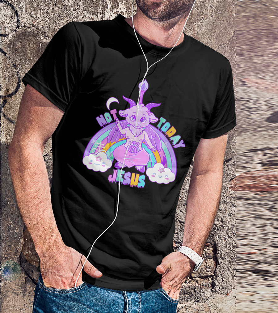 Not Today Baphomet Jesus Kawaii Cute Pastel Rainbow Clouds T-Shirt