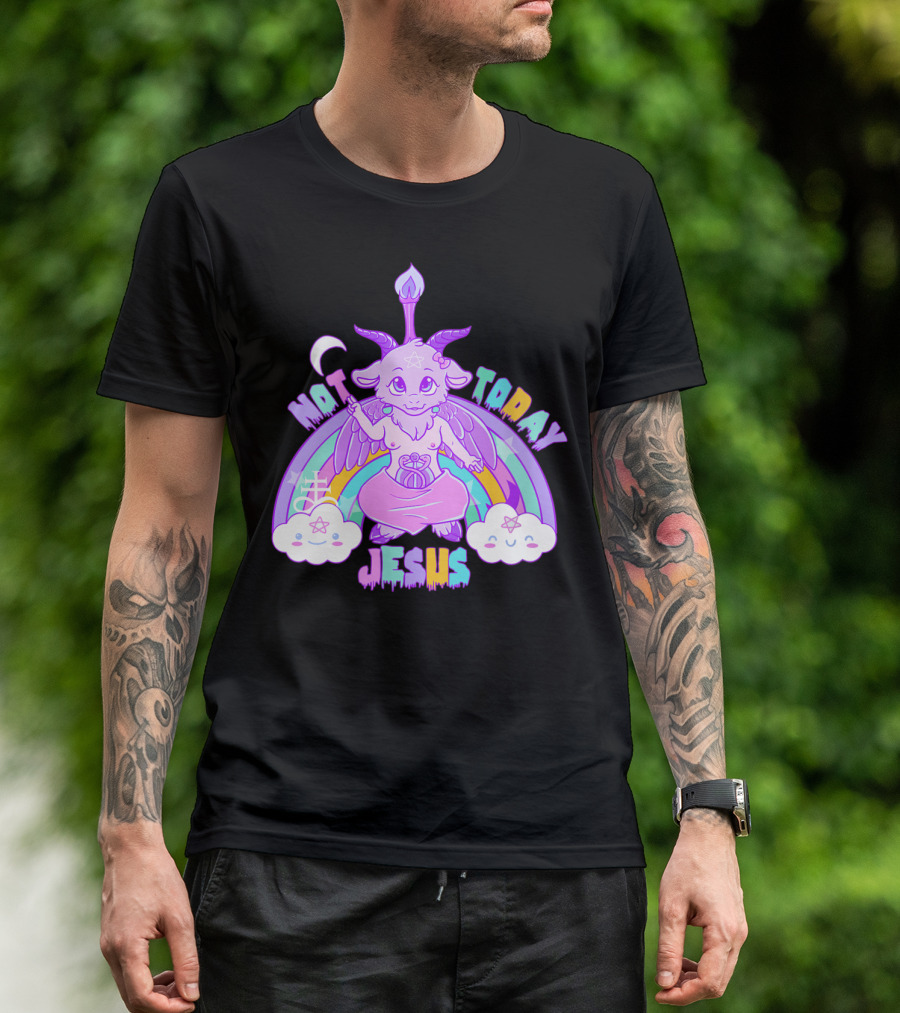 Not Today Baphomet Jesus Kawaii Cute Pastel Rainbow Clouds T-Shirt