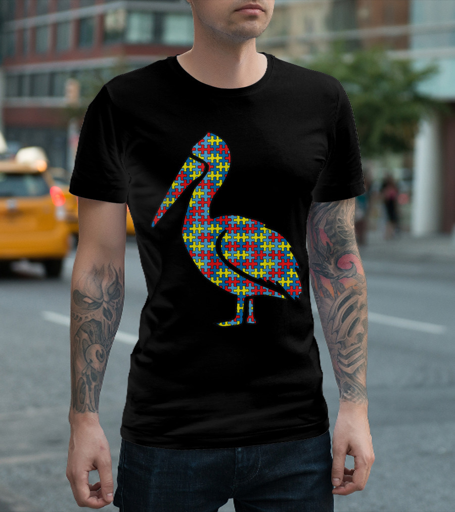 Pelican Autism Awareness Puzzle Pattern Bird Heron T-Shirt