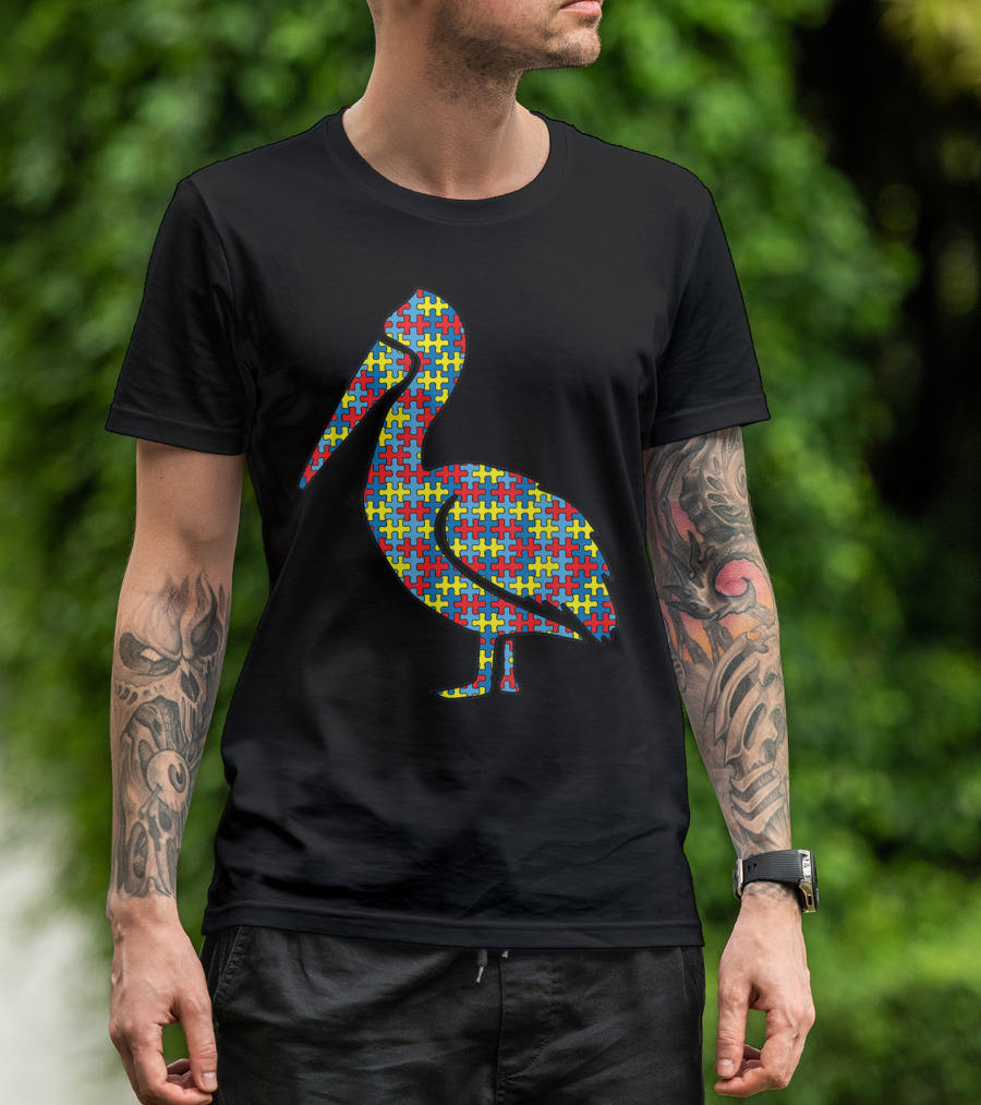 Pelican Autism Awareness Puzzle Pattern Bird Heron T-Shirt
