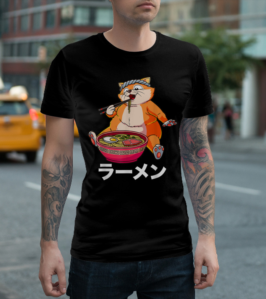 Ramen Noodle Cat Cute Otaku Japanese Anime Eating Illustrator T-Shirt
