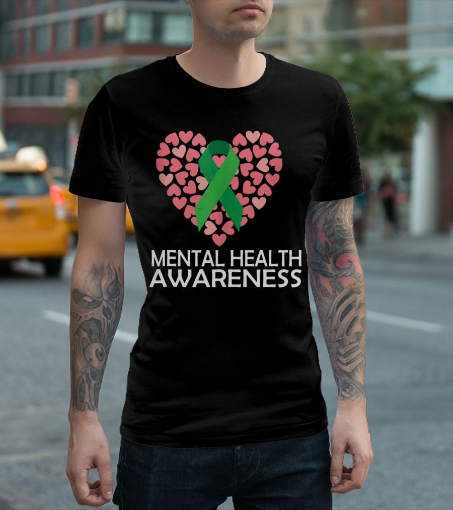 Mental Health Awareness Green Ribbon Heart Symbols T-Shirt