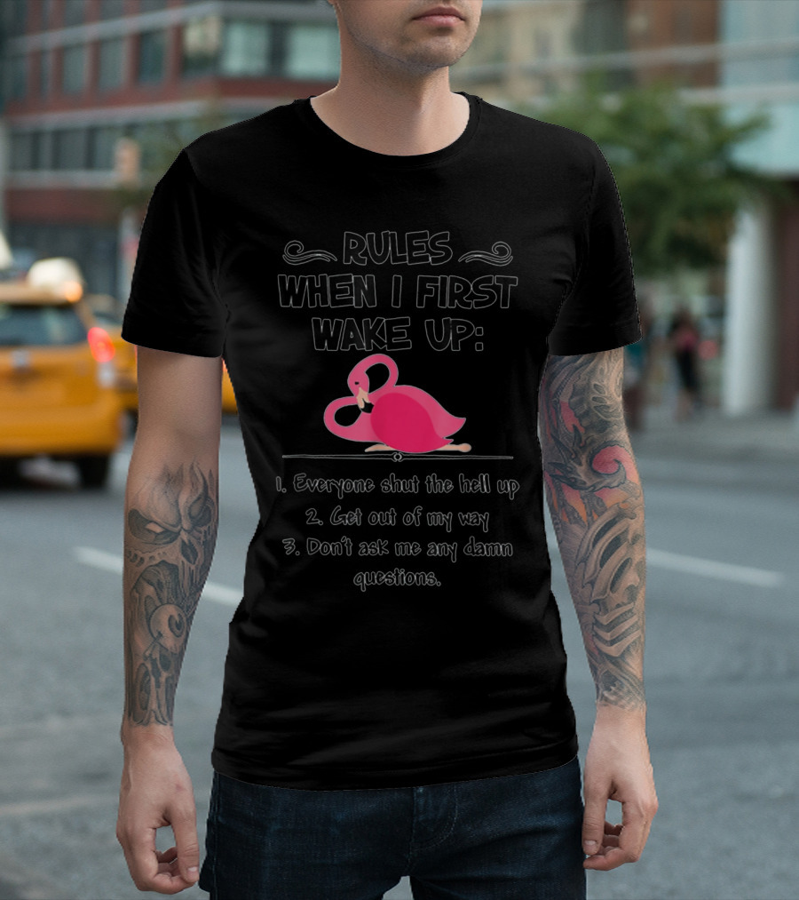 Rules When I First Wake Up Everyone Shut the Hell Up Flamingo T-Shirt