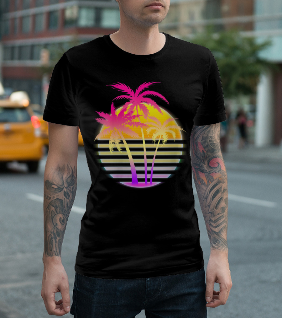 Retro 1980S 1990S Vaporwave Palm Trees Sunset Beach Aesthetic T-Shirt
