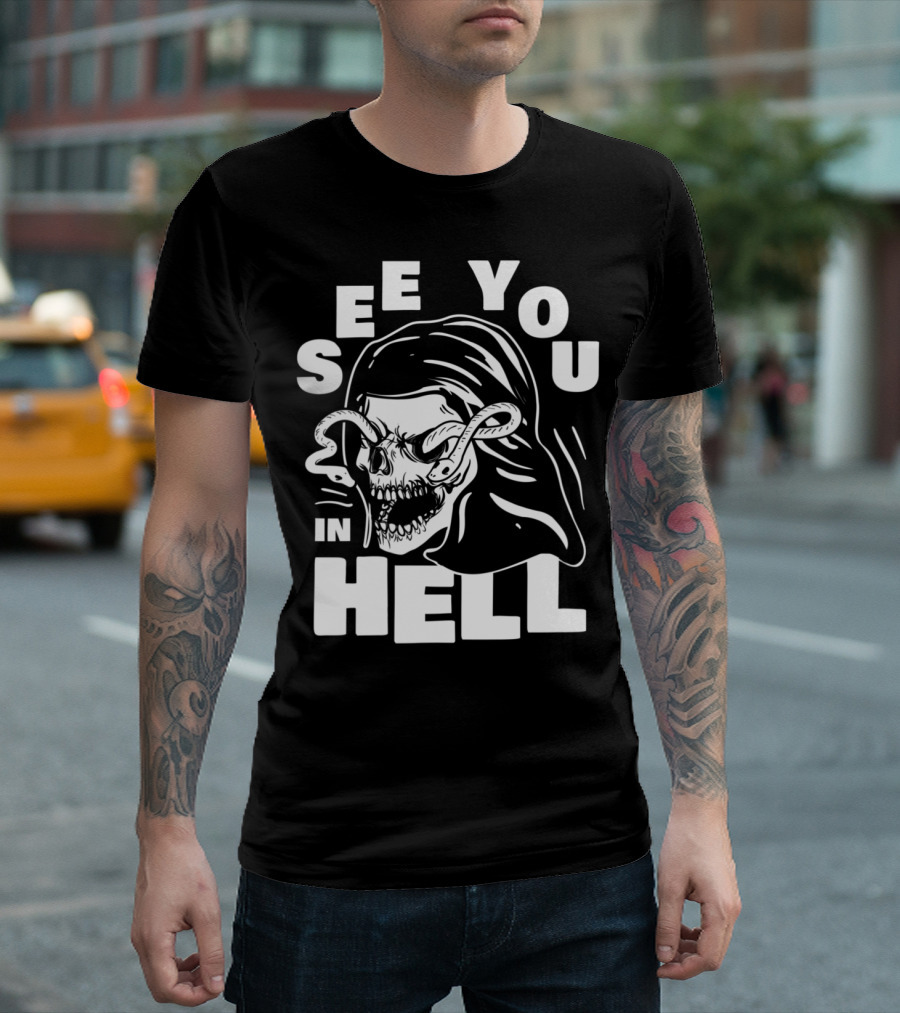 See You In Hell Grim Reaper Skull With Serpents T-Shirt
