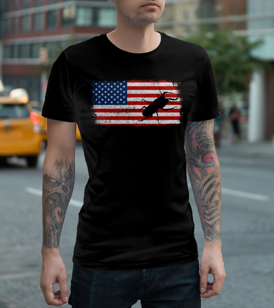 Stag Beetle Silhouette on Distressed American Flag Background T-Shirt