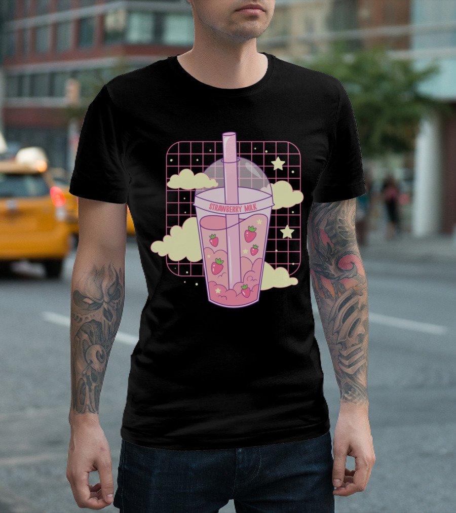 Strawberry Milk Boba Milkshake Vaporwave Aesthetic Retro Grid Clouds Stars T-Shirt