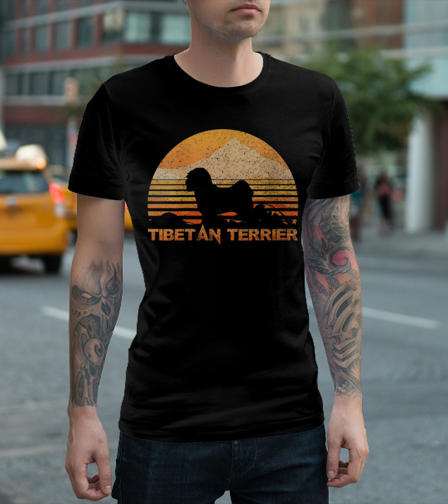 Tibetan Terrier Sunset Silhouette Vintage Lover T-Shirt