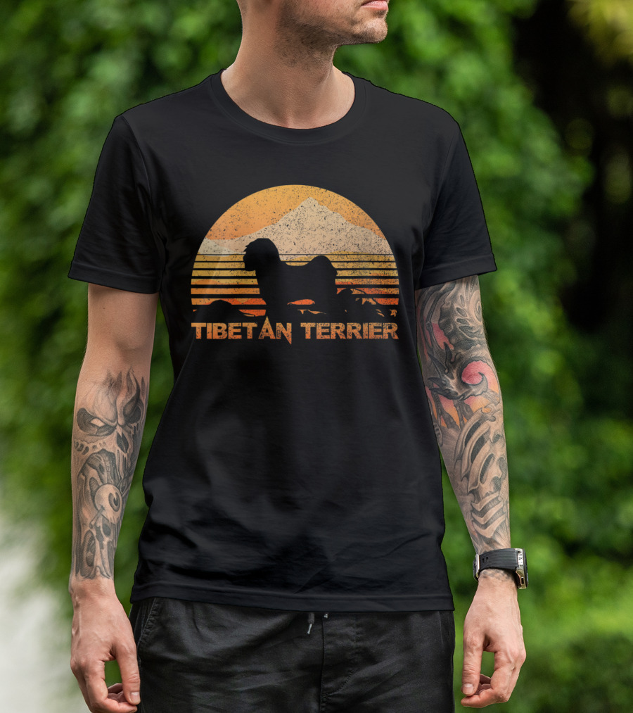 Tibetan Terrier Sunset Silhouette Vintage Lover T-Shirt