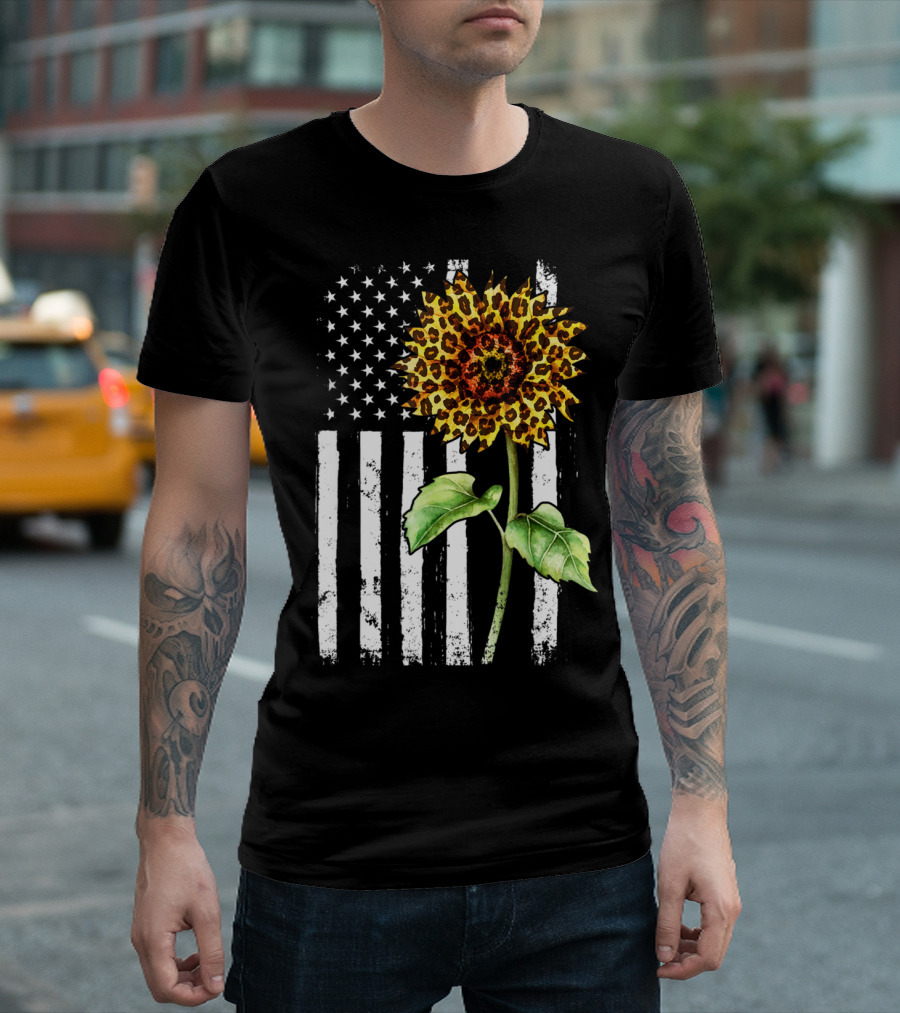 Usa American Flag Leopard Print Sunflower T-Shirt