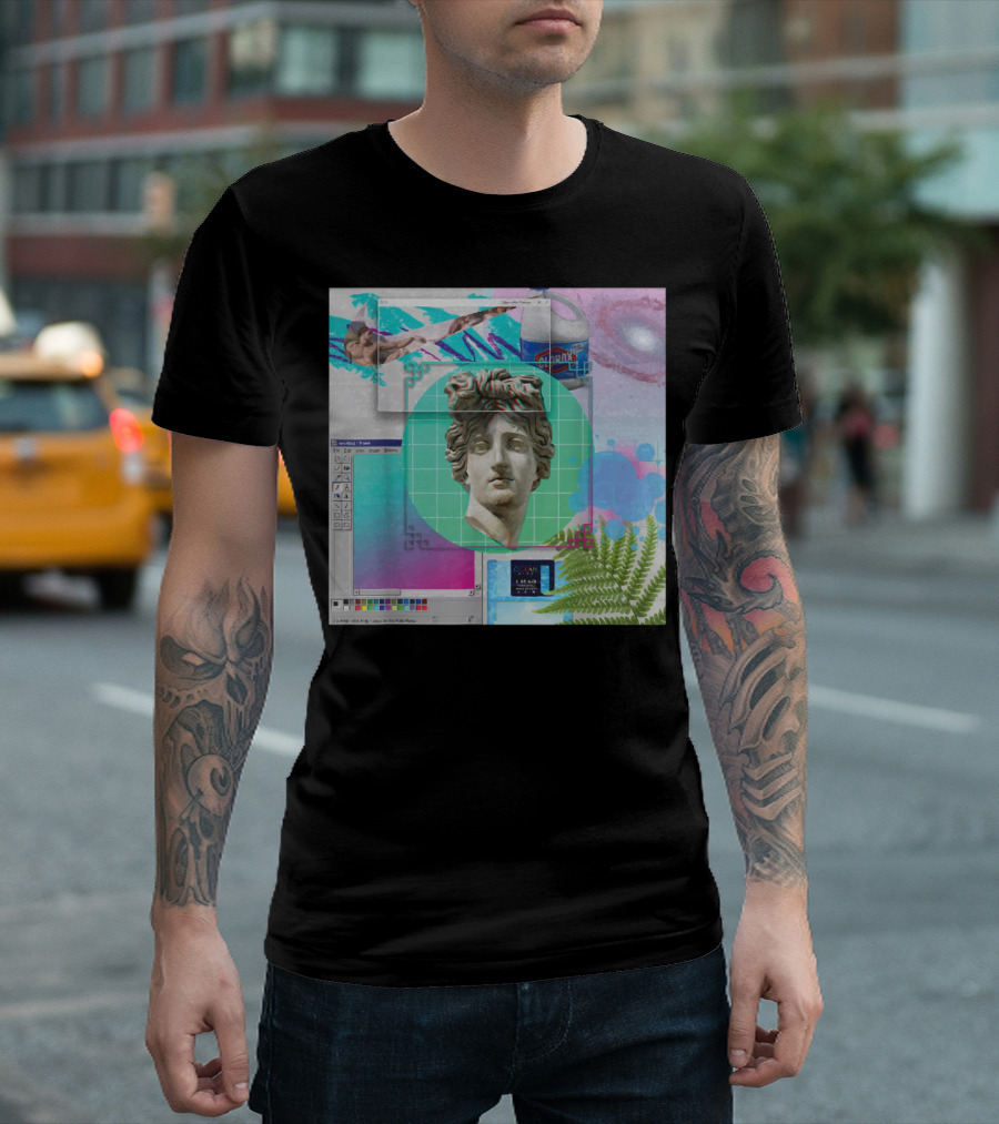 Vaporwave Retrowave Statue with Retro 80s Windows Elements and Galactic Can T-Shirt