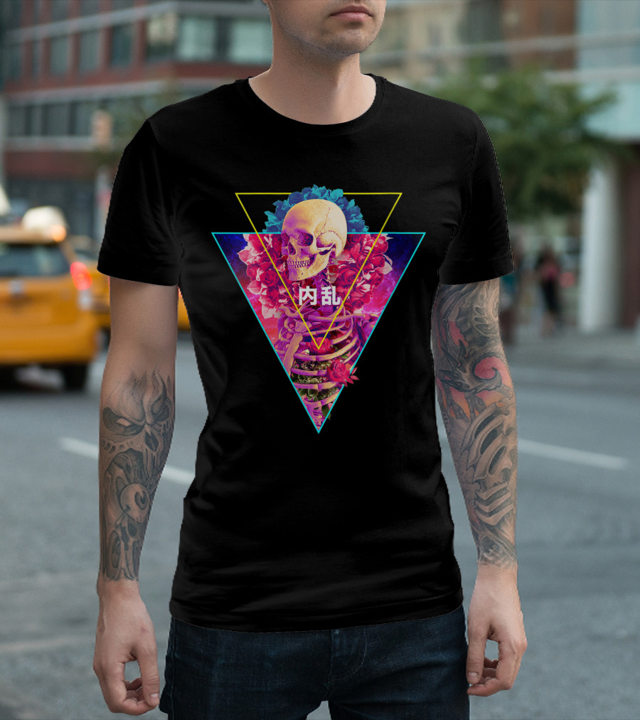 Vaporwave Skeleton Neon Triangle Inner Turmoil with Flowers and Japanese Text T-Shirt