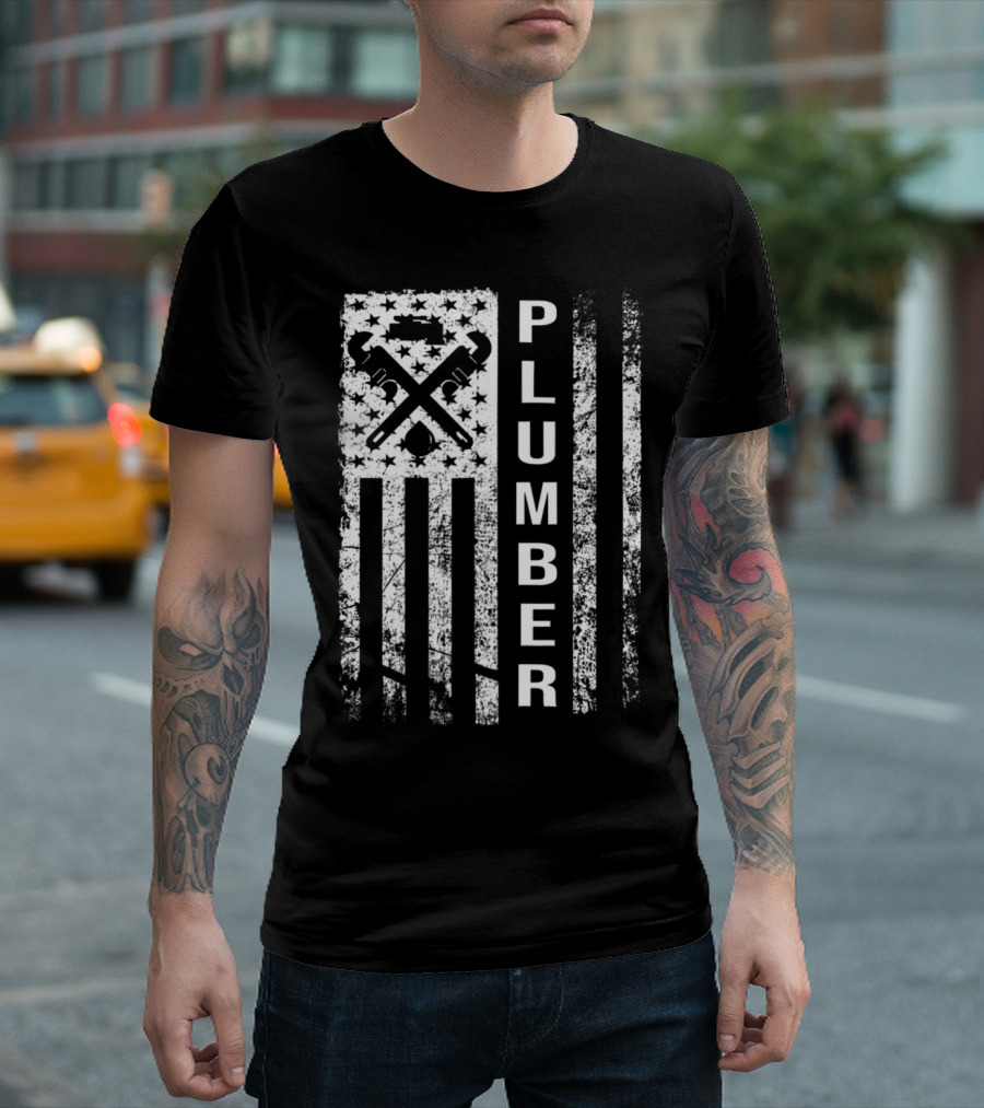 Plumber Flag Stars And Wrenches Plumbers Funny Plumbing T-Shirt