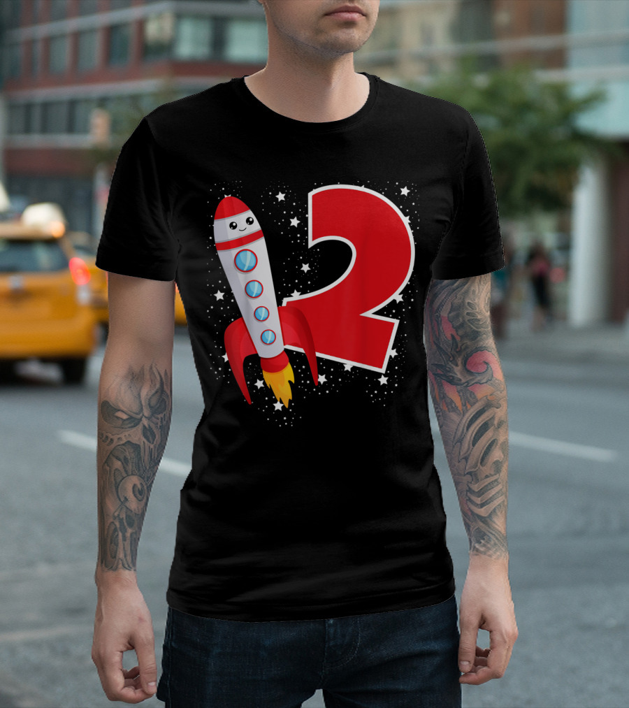 Rocket Space Ship Happy Outer Space Stars 2Nd Birthday T-Shirt