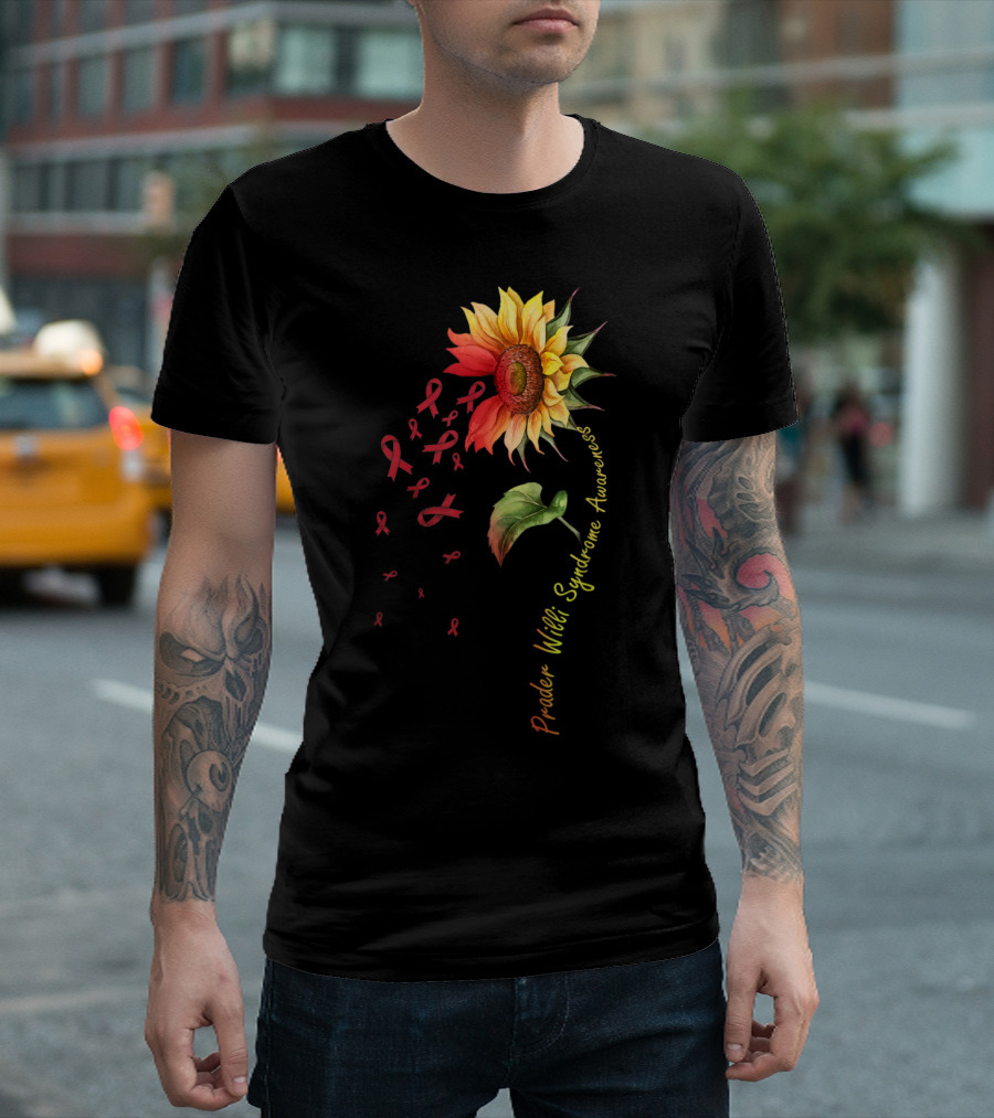 Prader Willi Syndrome Awareness Sunflower with Red Ribbons T-Shirt