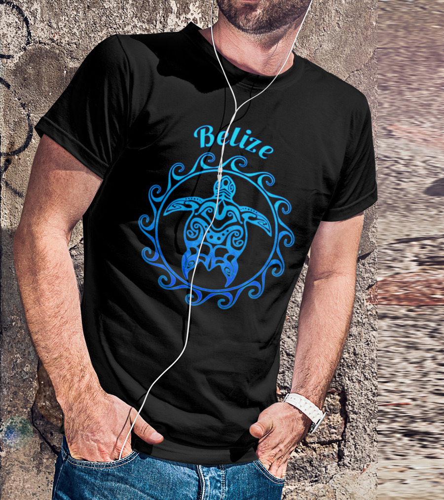 Belize Blue Tribal Ocean Turtle Waves T-Shirt