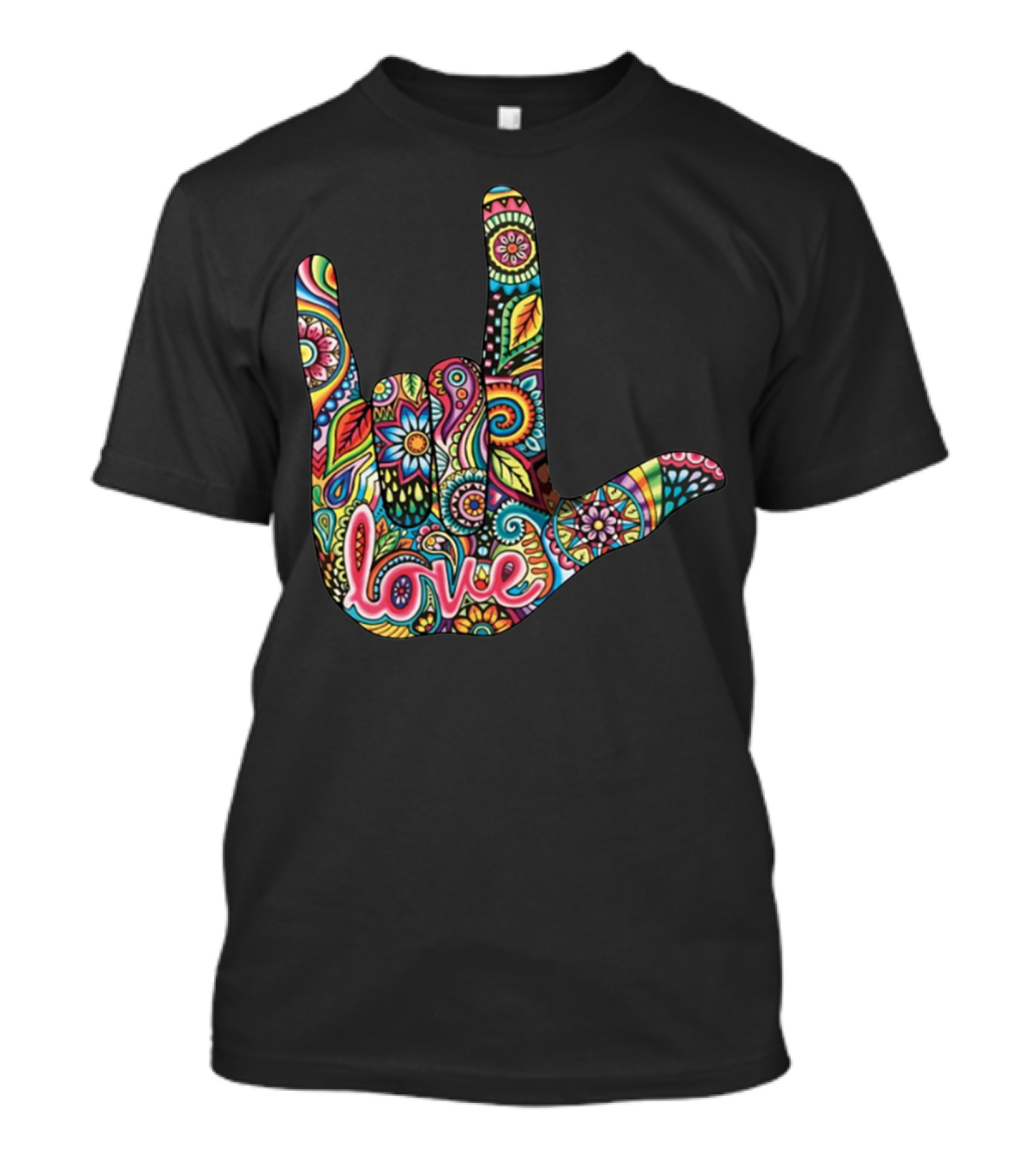 I Love You American Sign Language Colorful Patterned Hand T-Shirt