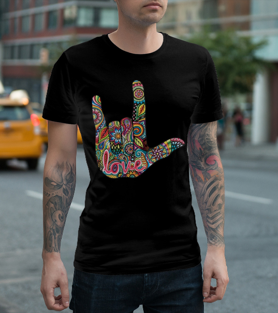 I Love You American Sign Language Colorful Patterned Hand T-Shirt