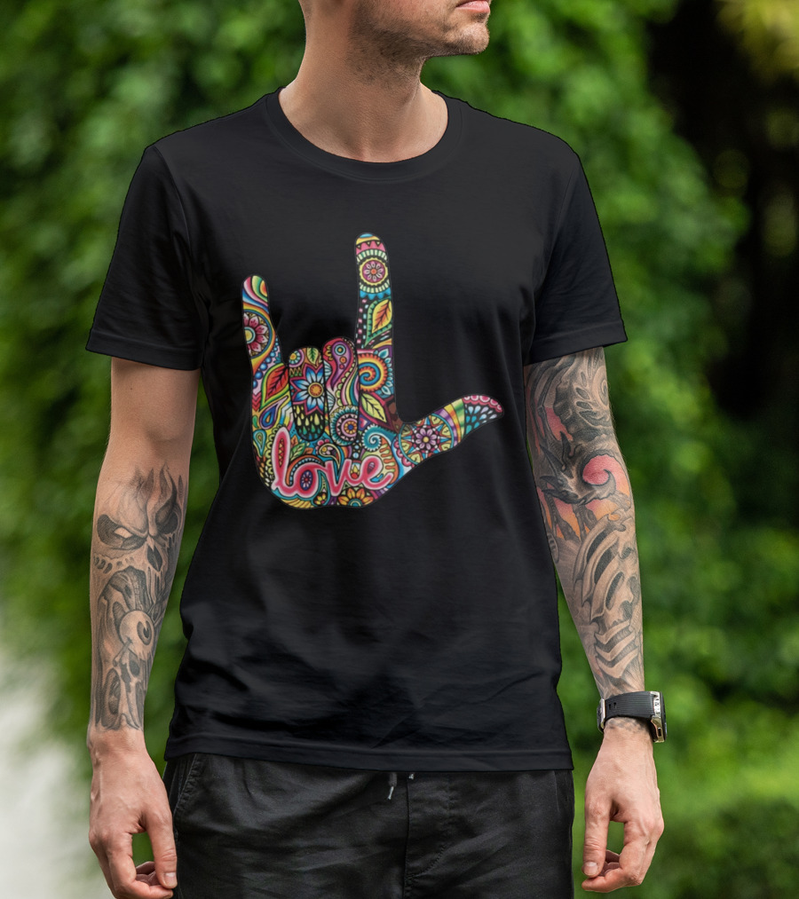 I Love You American Sign Language Colorful Patterned Hand T-Shirt