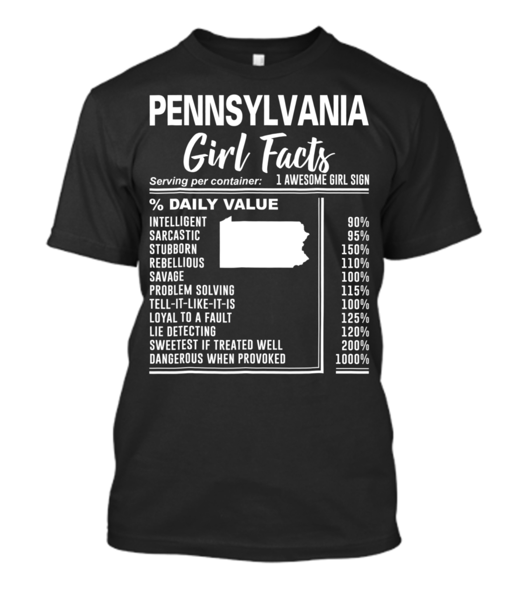 Pennsylvania Girl Facts Intelligent Sarcastic Stubborn Rebellious Loyal Sweetest T-Shirt
