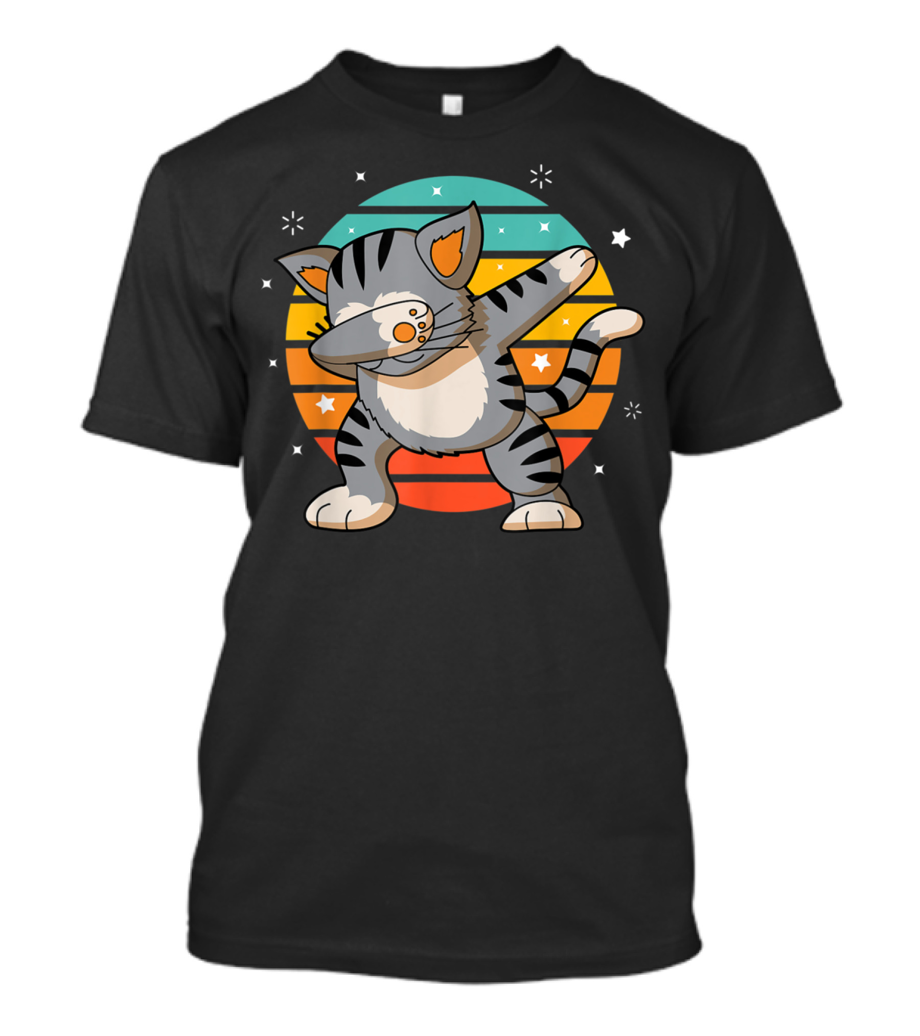 Dabbing Cat Funny Dab Cat Lover Retro Sunset Stars T-Shirt