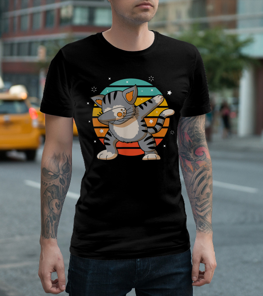 Dabbing Cat Funny Dab Cat Lover Retro Sunset Stars T-Shirt