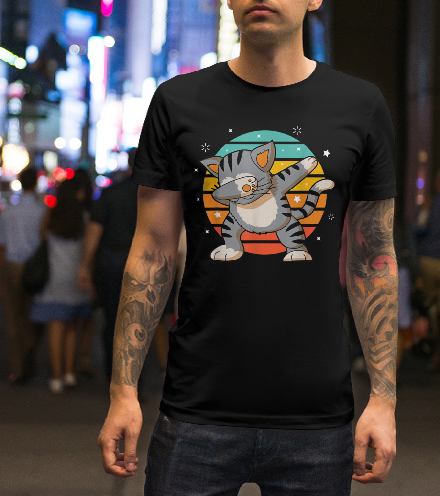 Dabbing Cat Funny Dab Cat Lover Retro Sunset Stars T-Shirt