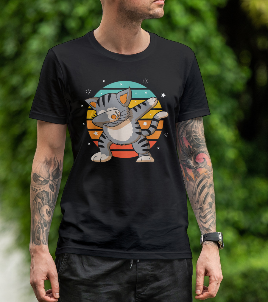 Dabbing Cat Funny Dab Cat Lover Retro Sunset Stars T-Shirt