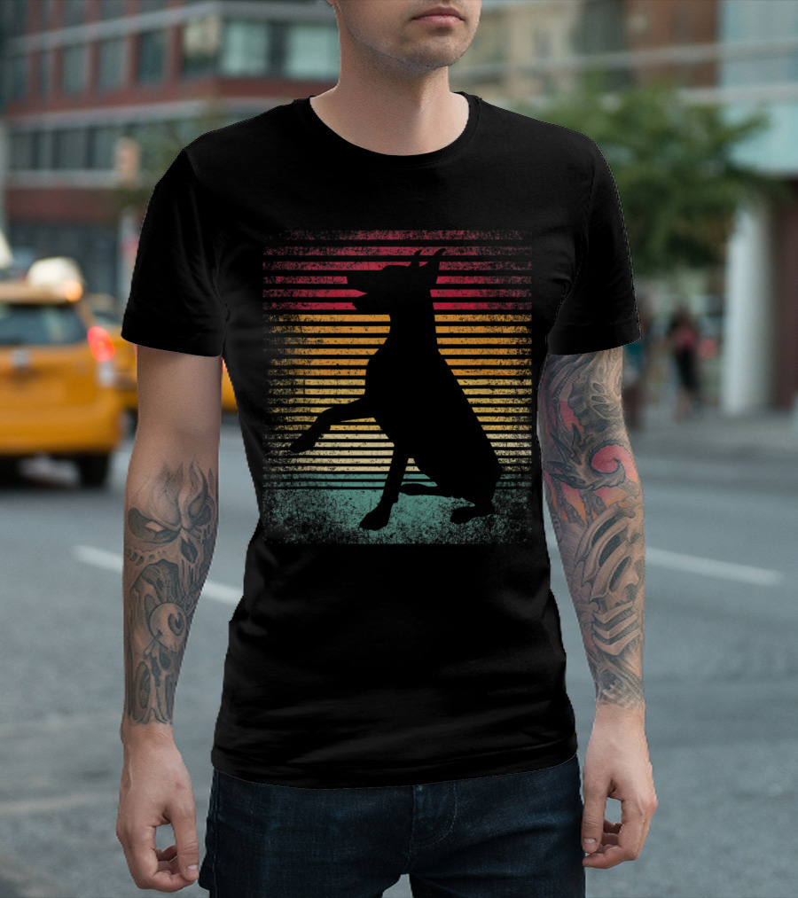 Doberman Pinscher Silhouette Vintage Retro 70s 80s Striped Sunset T-Shirt