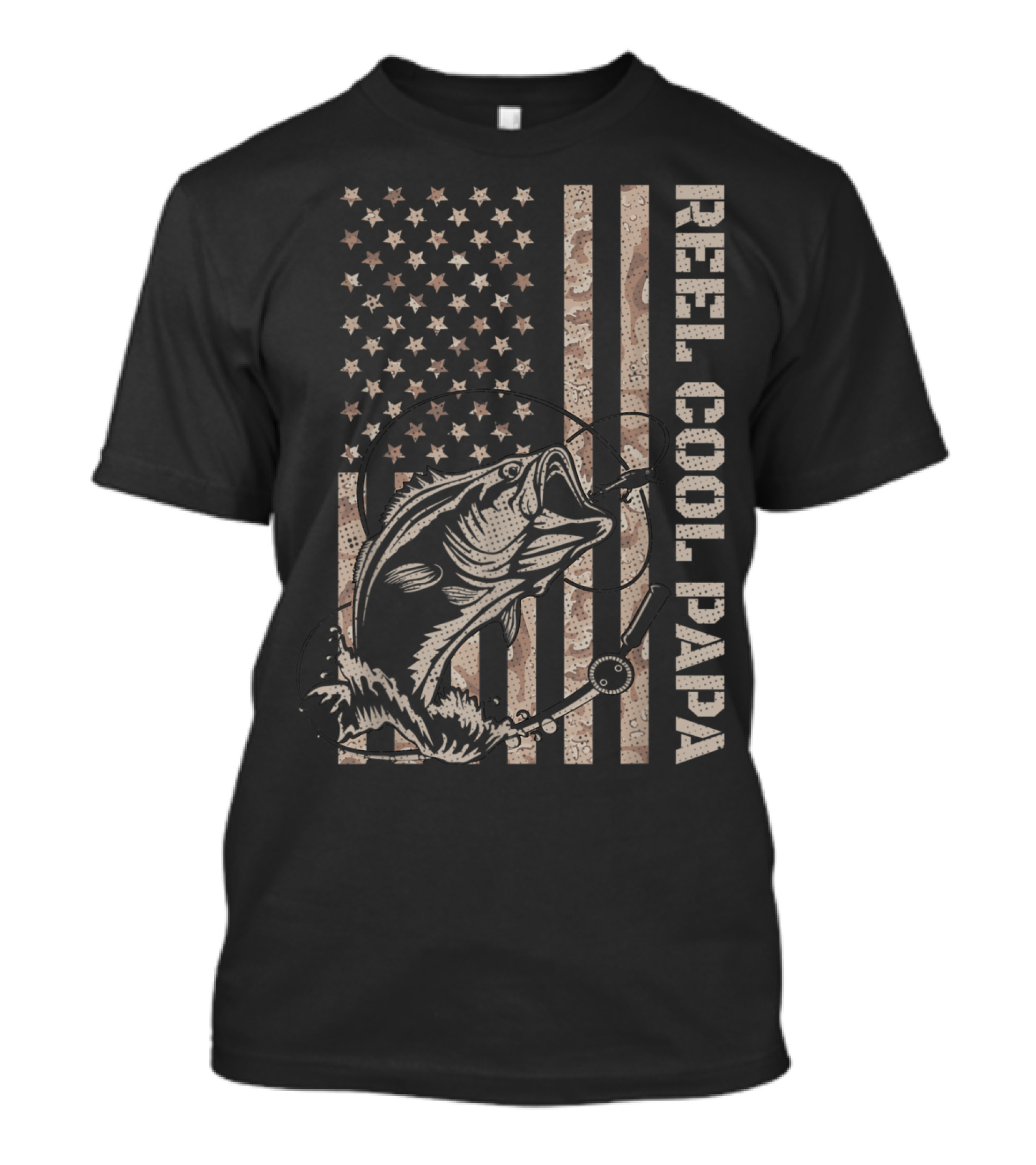 Reel Cool Papa Vintage Fishing Camouflage American Flag T-Shirt