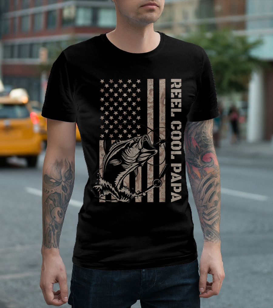 Reel Cool Papa Vintage Fishing Camouflage American Flag T-Shirt