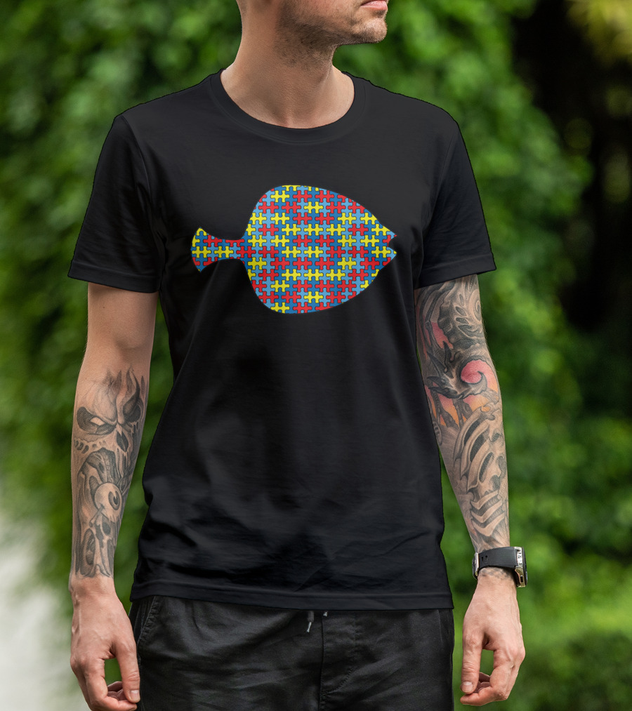 Flounder Fish Puzzle Autism Awareness T-Shirt