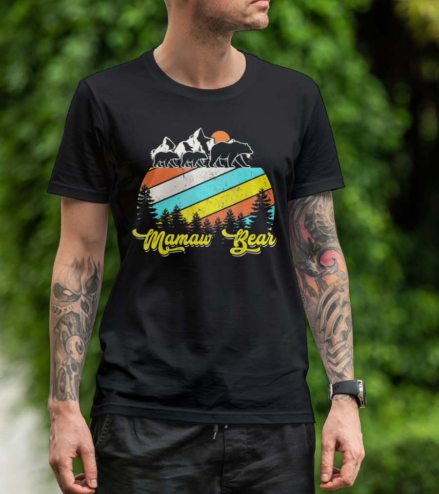 Mamaw Bear With 2 Cubs Retro Sunset Twice Cute Blessed T-Shirt