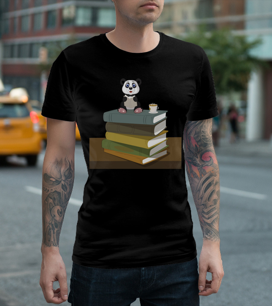 Panda Bear Reading Books With Coffee Cup On Stack Of Books T-Shirt