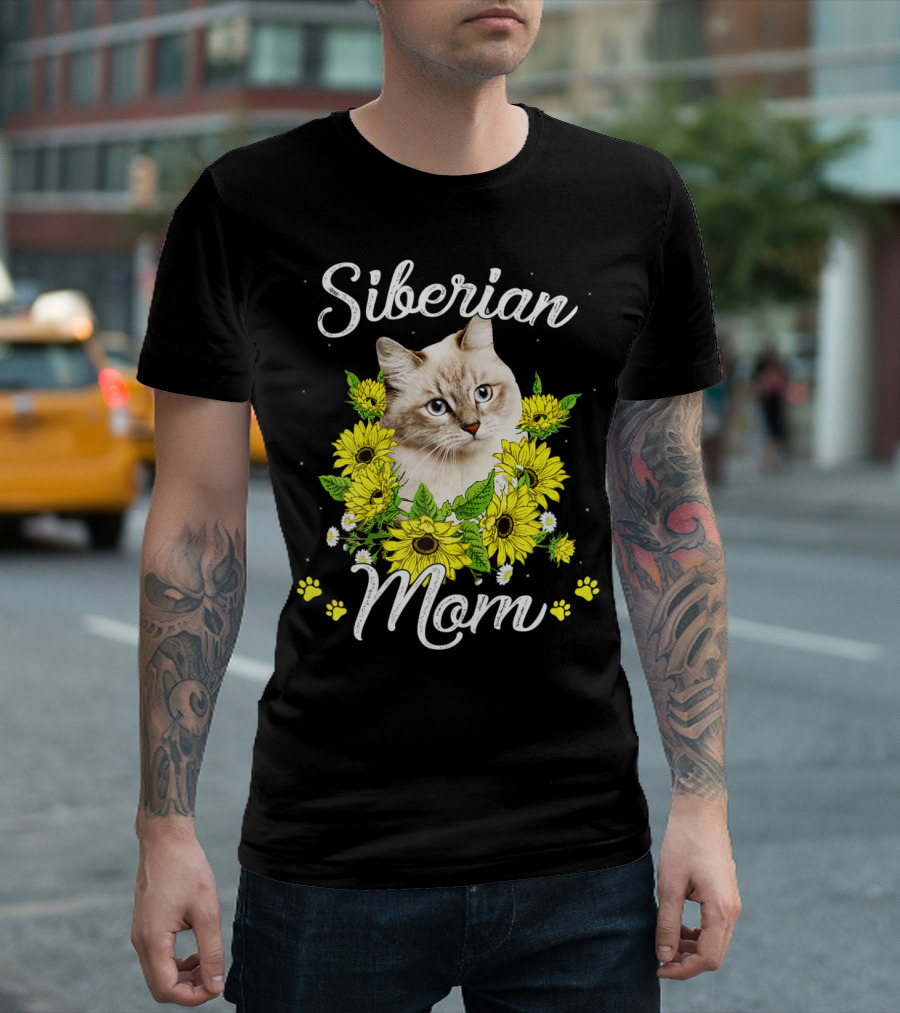 Siberian Cat Mom With Sunflowers Mother's Day T-Shirt