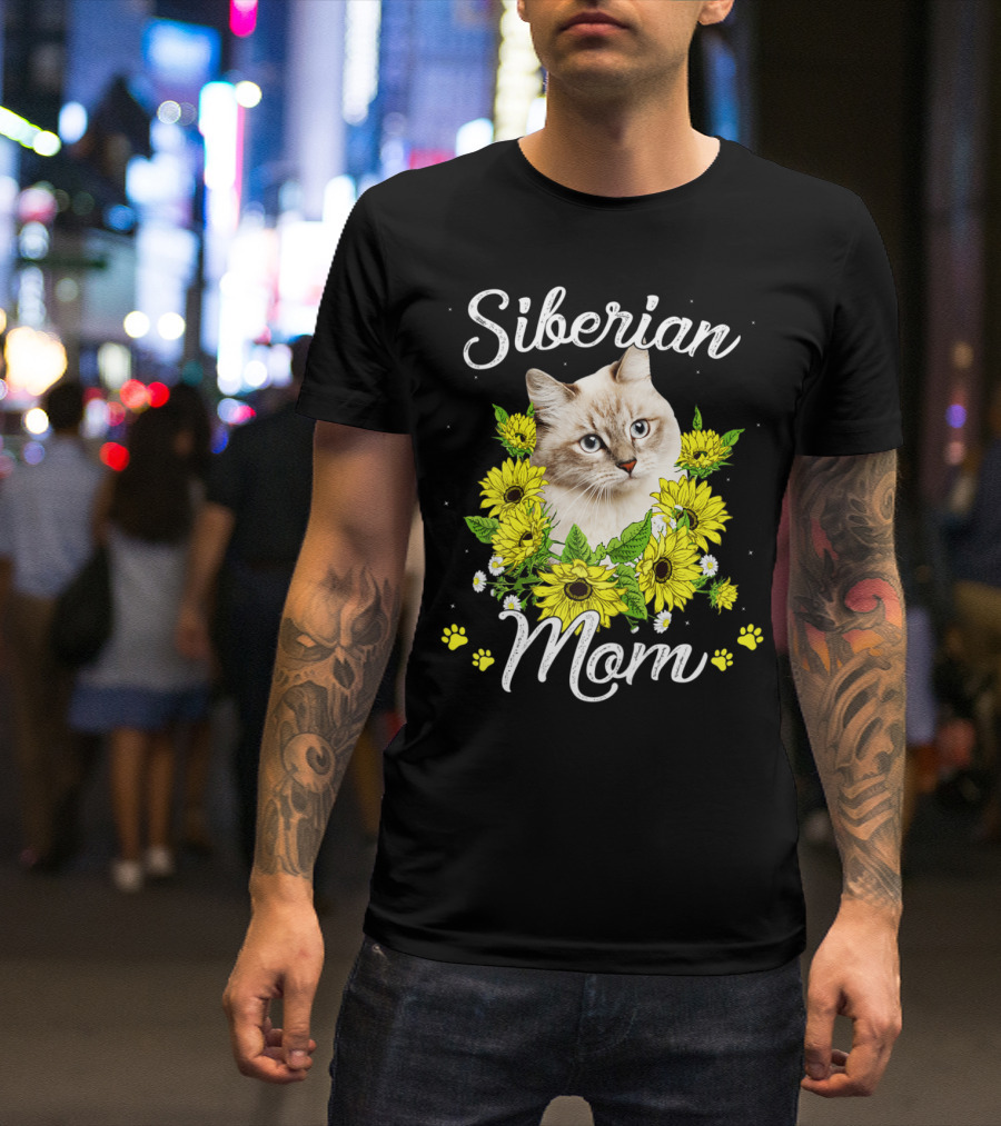 Siberian Cat Mom With Sunflowers Mother's Day T-Shirt