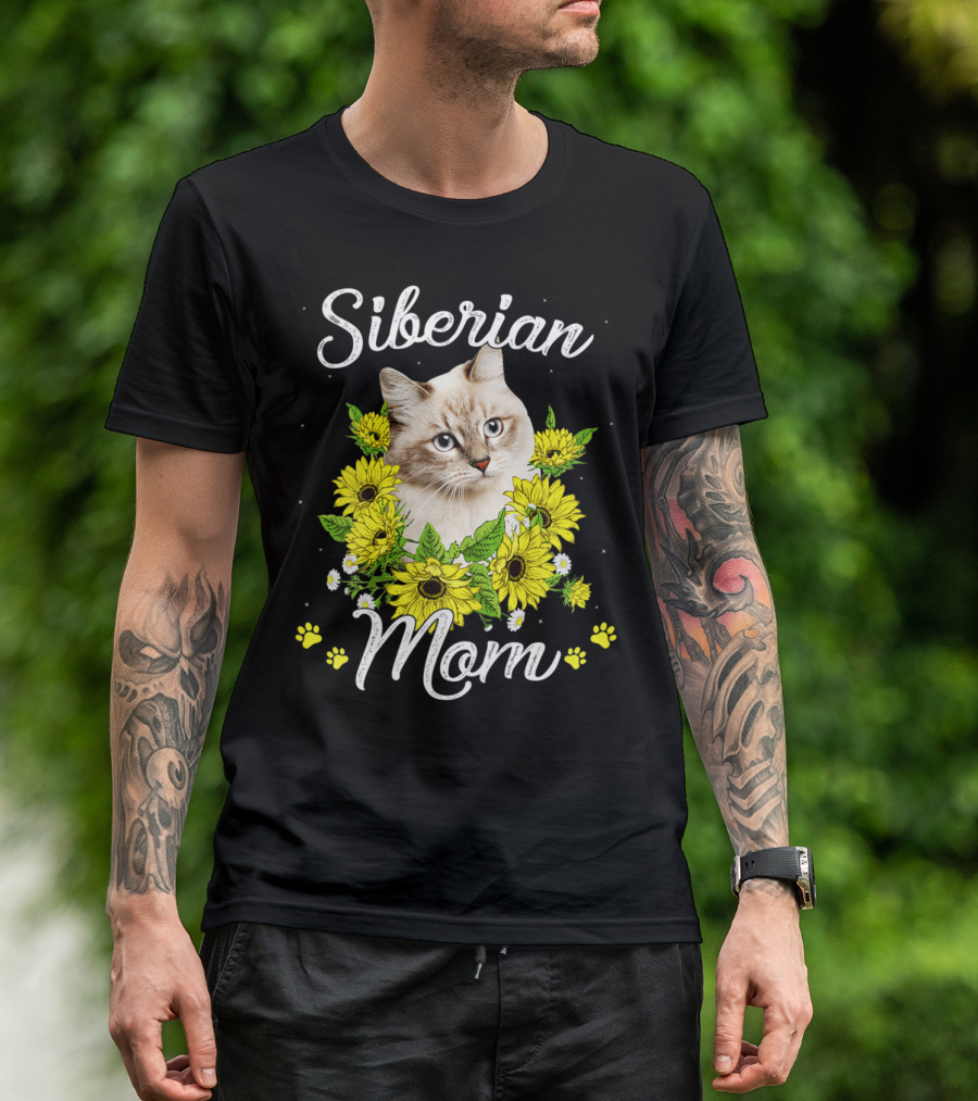 Siberian Cat Mom With Sunflowers Mother's Day T-Shirt
