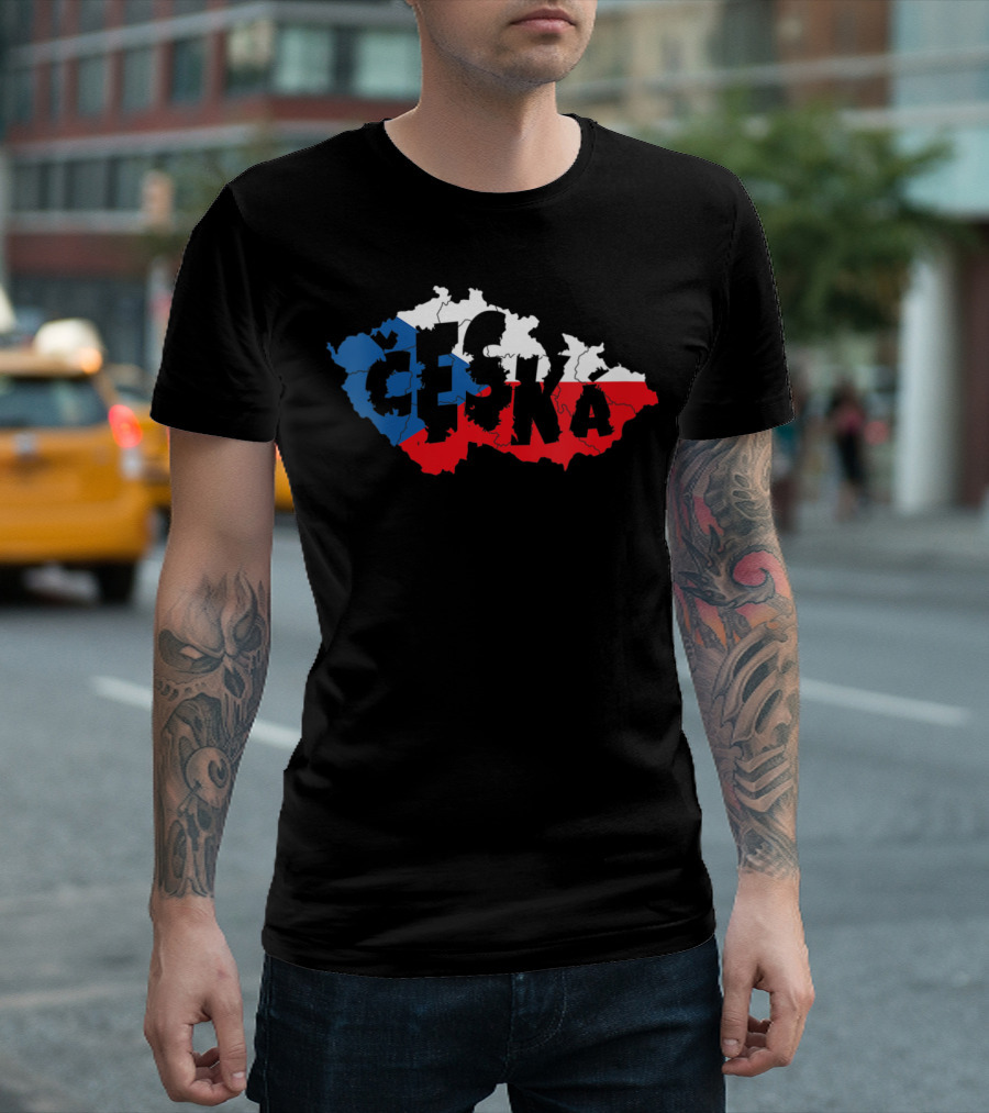 Czech Map Word Art Česká Republic Blue White Red Flag Typography T-Shirt