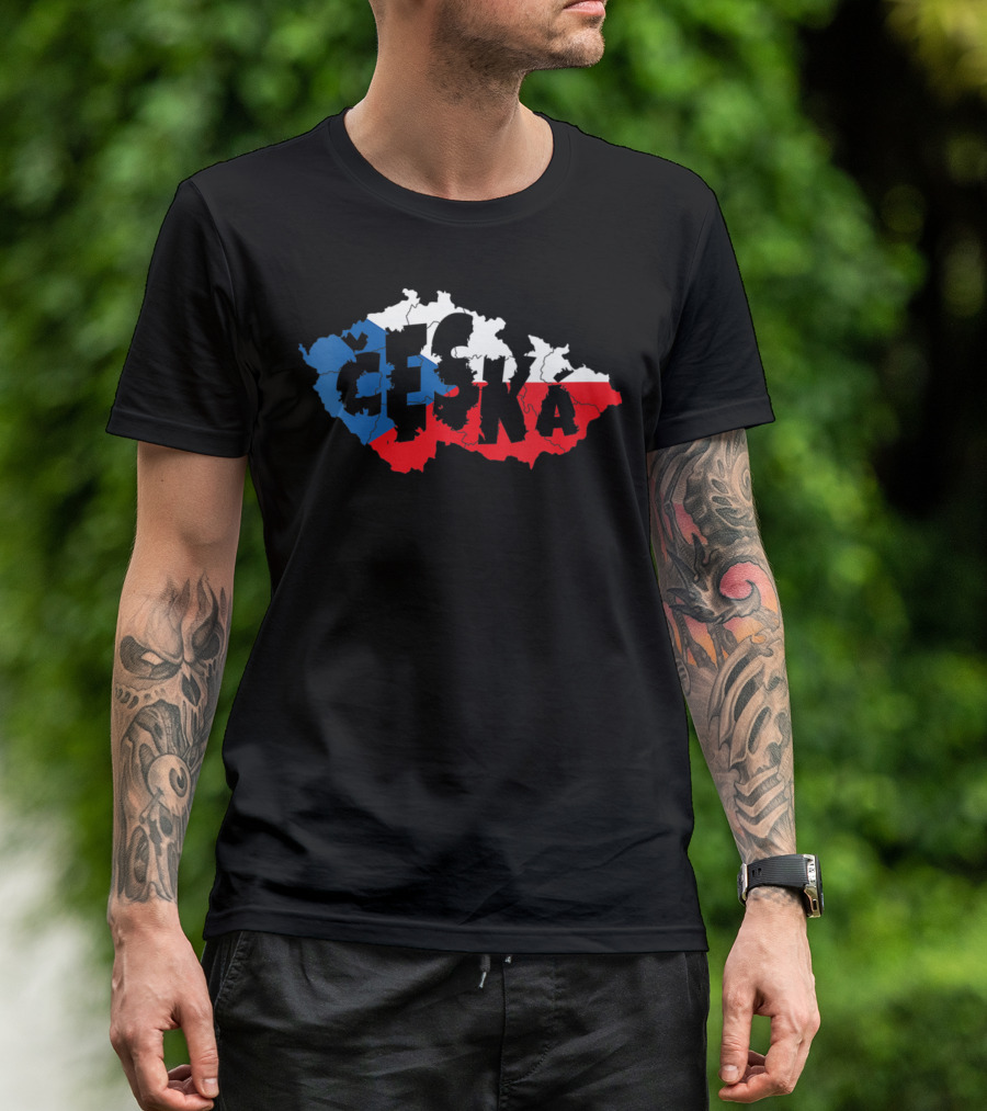 Czech Map Word Art Česká Republic Blue White Red Flag Typography T-Shirt