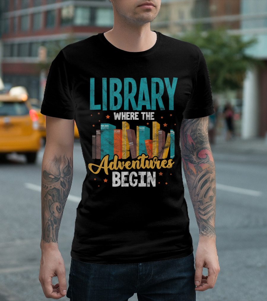Library Where The Adventures Begin Librarian Bookshelves Stars T-Shirt